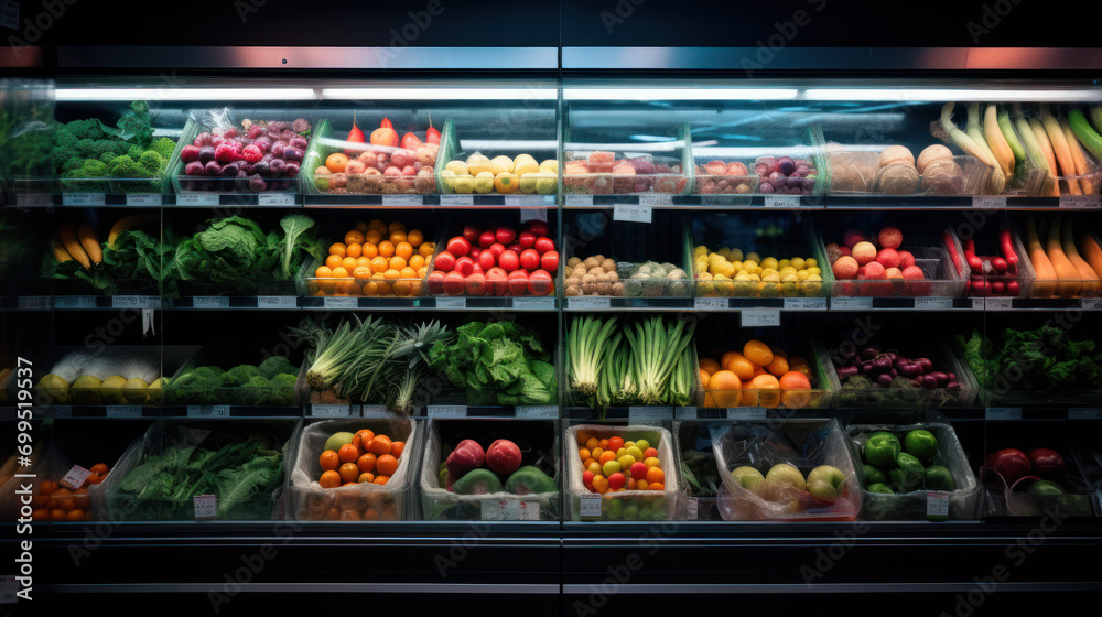 Colorful fruits and vegetables in baskets at supermarket. Assortment of fruits at market. Showcase with fresh organic vegetables and fruits in supermarket. lemon, ginger, plum, pear,