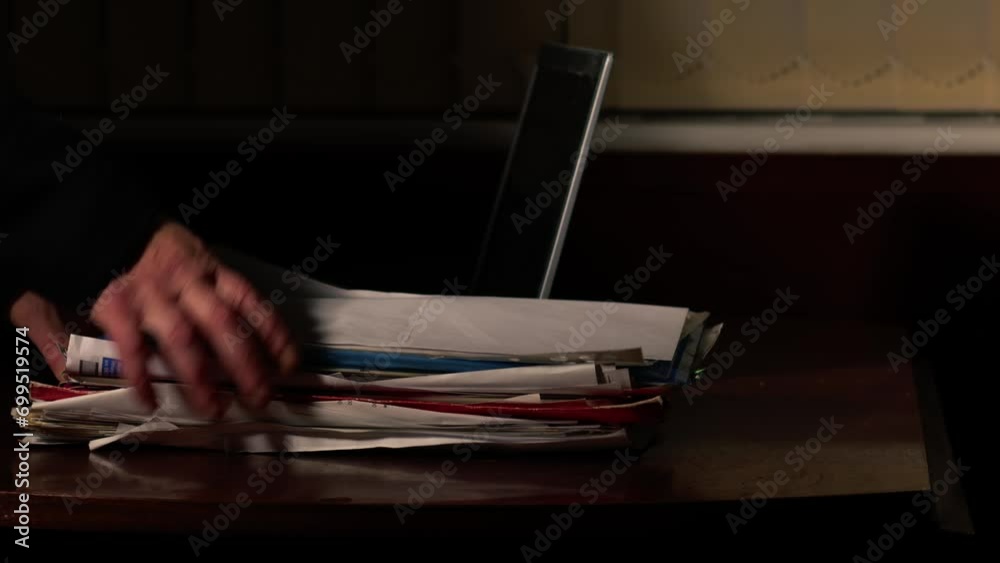 Looking at pile of paper files on desk in dark room 