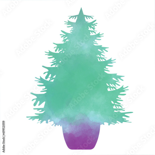 Watercolor drawing: Christmas tree in a pot. Bright delicate colors, protection of nature.