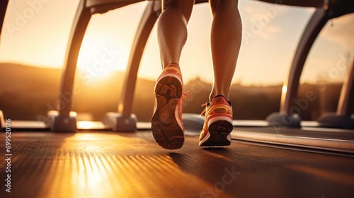Close-up of athlete's legs with sports shoes running on a treadmill at sunset