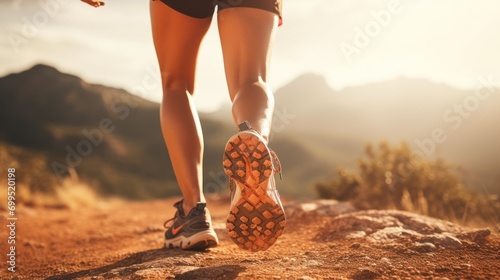 Female legs with sports shoes and backpack running on mountain trail