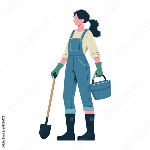 Female gardener woman holding shovel and bucket flat design vector illustration.
