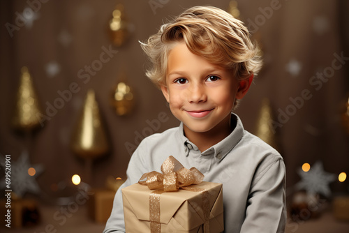 Joyful Celebration. Happy Boy with Gift Box on a Holiday © imagemir