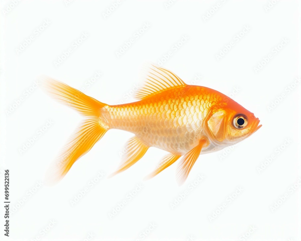 AI illustration of a vibrant orange goldfish stands against a plain white background.