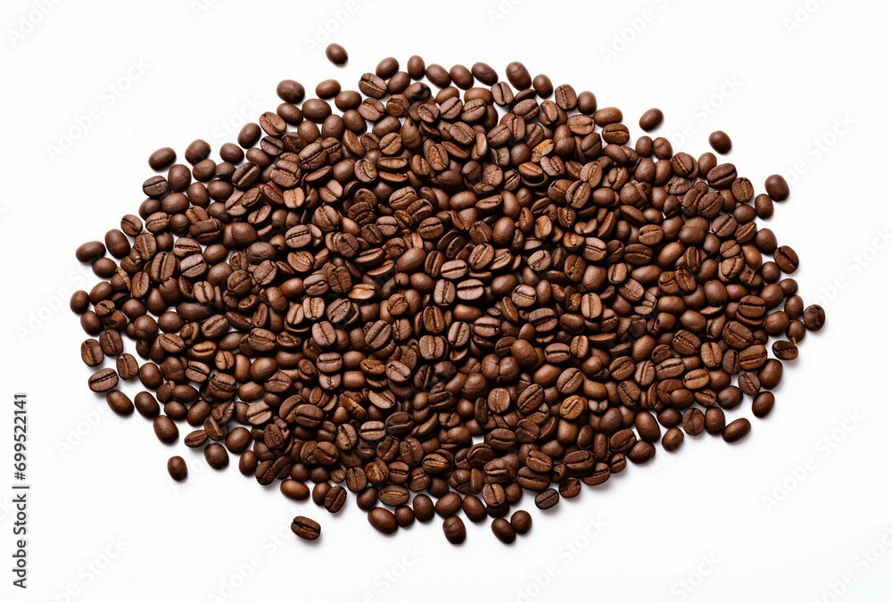 AI illustration of a heap of freshly roasted coffee beans on a plain white surface. AI illustration of a heap of freshly roasted coffee beans on a plain white surface.