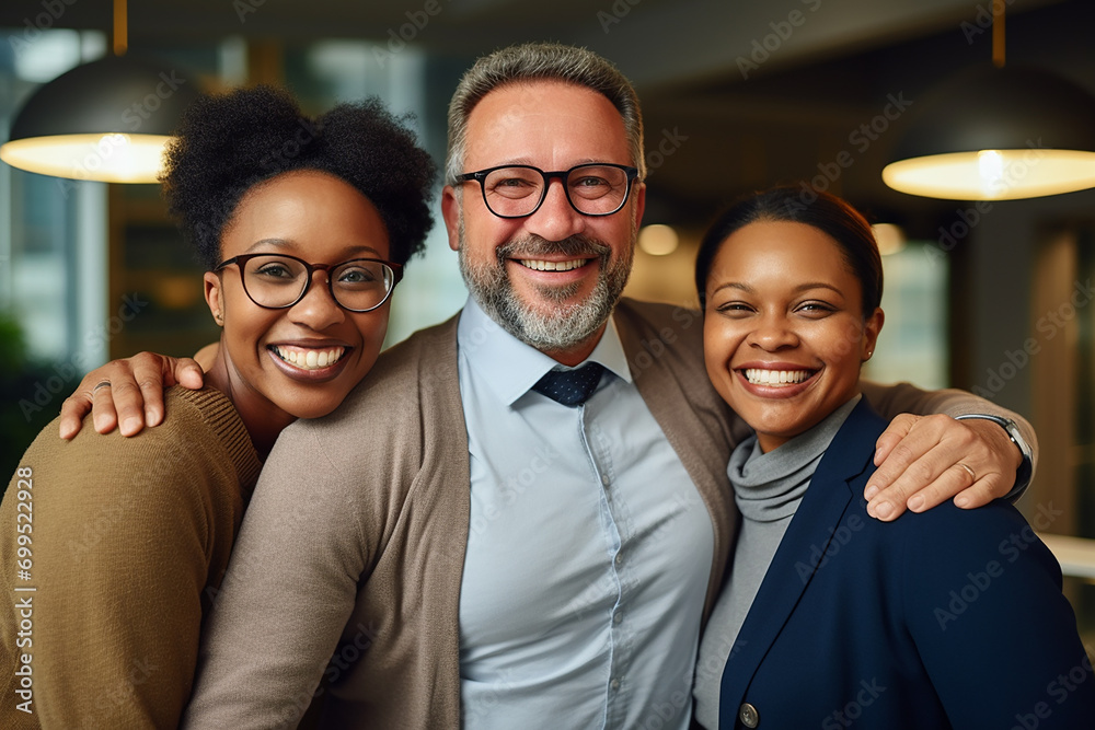 Medium shot smiley business team hugging each other in modern office