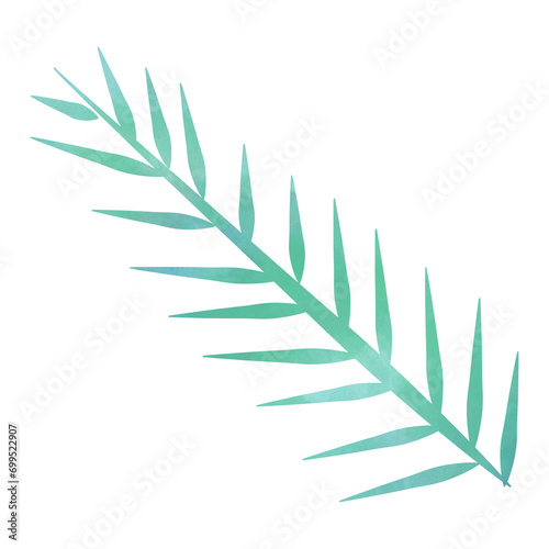 Watercolor drawing: large Christmas tree branch. Bright delicate colors.