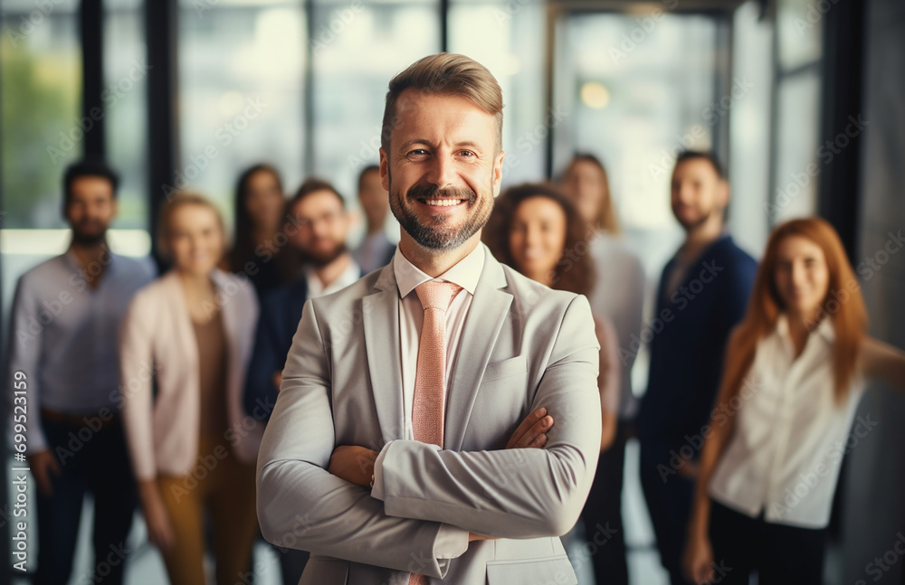 confident businessman with colleagues in background confident businessman with colleagues in background