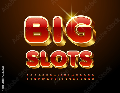 Vector luxury Emblem Big Slots. Red and Gold Cool Font. Trendy Alphabet Letters and Numbers set.