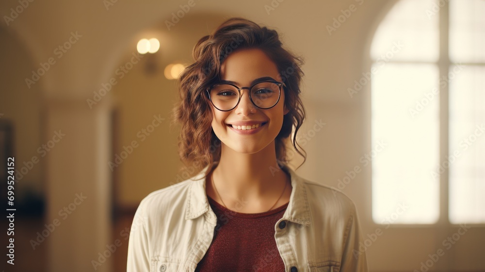 Cool hipster student wearing glasses. Caucasian female university student looking at camera smiling happily.