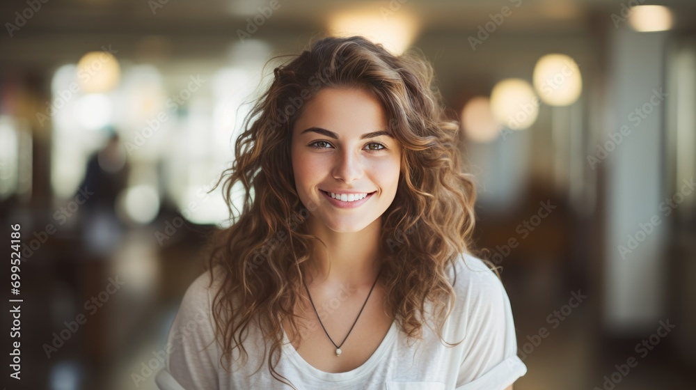 Cool hipster student wearing glasses. Caucasian female university student looking at camera smiling happily.