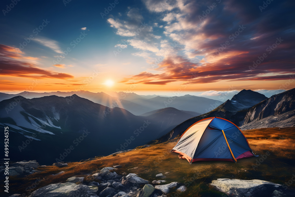 tent in the mountains at sunset.