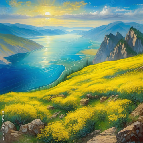 Cartoon flat panorama of spring and summer beautiful nature, green meadows, meadows with flowers, forest, picturesque blue lake, mountains on the horizon, landscape vector illustration. Generative AI © Mihail