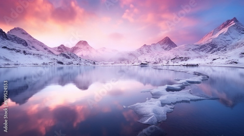 mountains lake winter season snowy sunset landscape beautiful nature ai visual concept