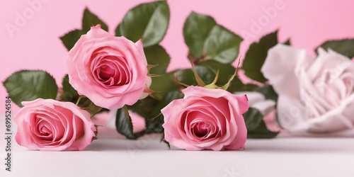 Bouquet of pink roses on a white background on the left. Valentine s Day background. Greetings banner. Generative AI