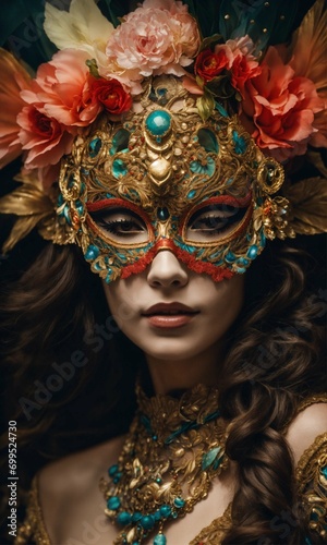 Portrait of a woman in a richly decorated masquerade mask. the mask has high detail and elegant style. the design creates an atmosphere of mystery, fantasy, and magic. 