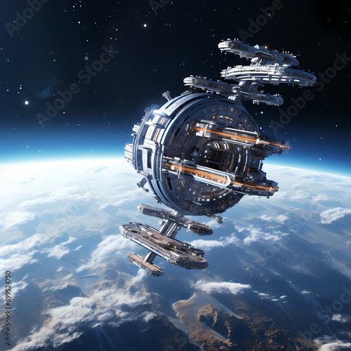 A futuristic space station orbiting a distant planet.