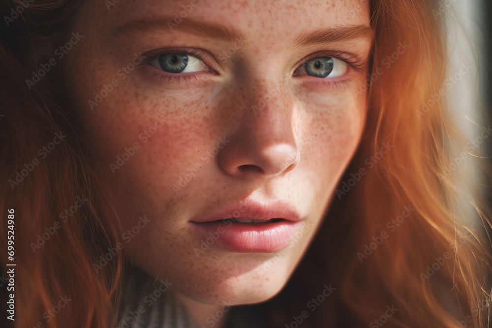 Redhead model with long hair in a sunny setting, exuding a fresh and tanned look in the summer and spring season. Redhead model with long hair in a sunny setting, exuding a fresh and tanned look in the summer and spring season.
