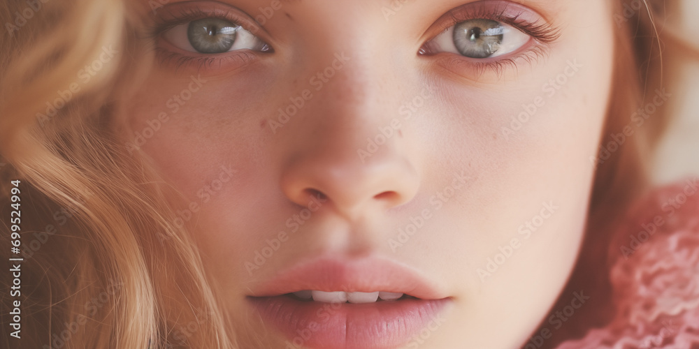 Fototapeta premium Blonde Nordic girl with a cropped close-up, showcasing her natural beauty and innocence in the sunlight.