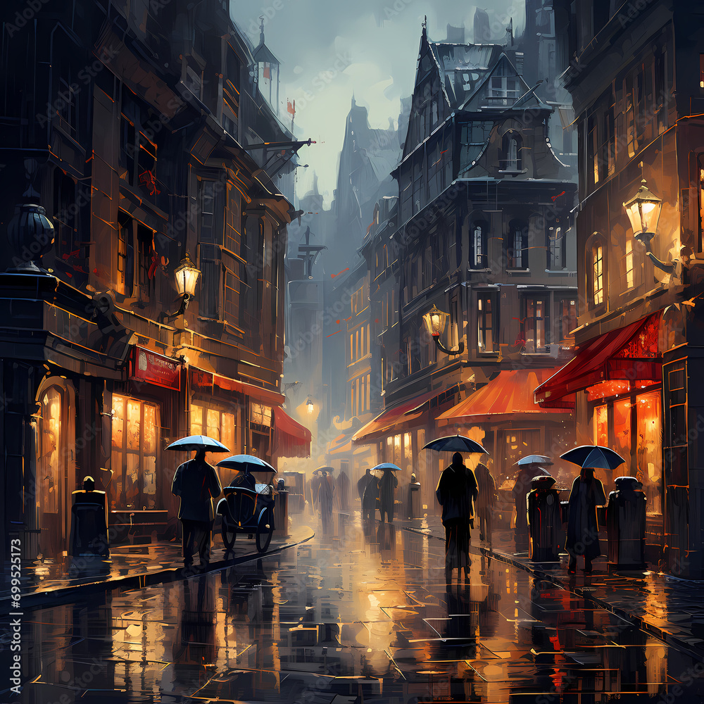 A city street during a rain shower with umbrellas.