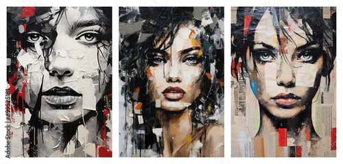 Set of female portrait torn paper style art posters, abstract modern concept art