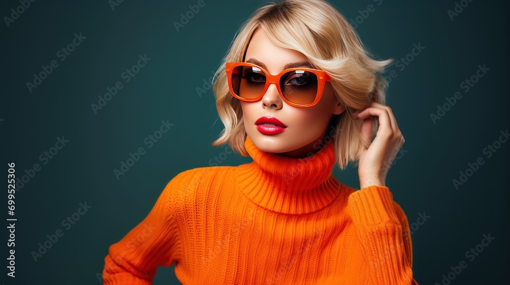 Fashionable confident blonde woman wearing trendy orange sweater, colored sunglasses in studio