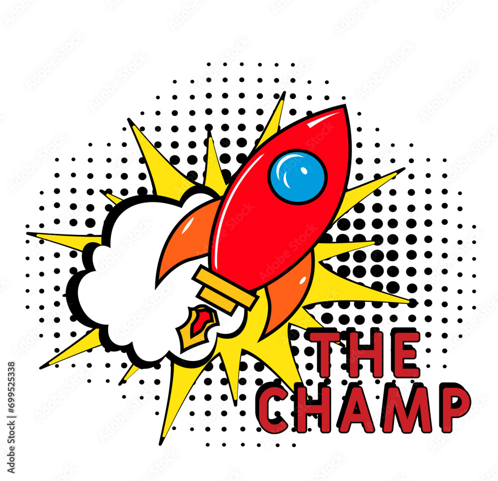The Champ in pop-art style.The Champ pop art comic style. Vector cartoon illustration explosions. Comics Symbol, sticker tag, special offer label The Champ in pop-art style.The Champ pop art comic style. Vector cartoon illustration explosions. Comics Symbol, sticker tag, special offer label