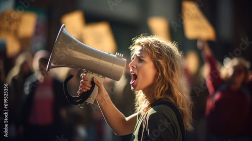Female activists protest with megaphones during a protest with protesters in the background.