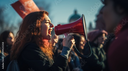 Female activists protest with megaphones during a protest with protesters in the background. photo