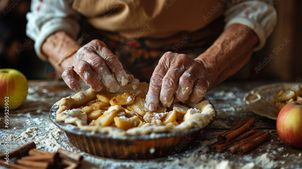 grandma bakes apple pie, Hands of elderly woman , Ai generation