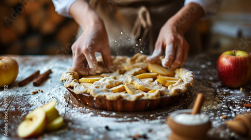 Mother, female hands baking traditional homemade apple pie, apples, flour, cinnamon on a wooden table