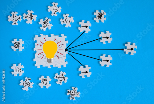 business concept, pulling in the same direction,teamwork,human resources,Idea,innovation,creativity and problem solving. Jidsaw puzzle pieces and light bulb photo