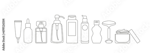 Linear cosmetics packaging - jars, bottles, tubes, facial roller. Skin and body care, beauty routine - cream, serum, cleanser, spray, perfume. Organic cosmetics icons, doodles. Coloring book.