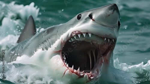 Great White shark attacks with open mouth and huge teeth from the sea close-up slow motion marine life animation photo