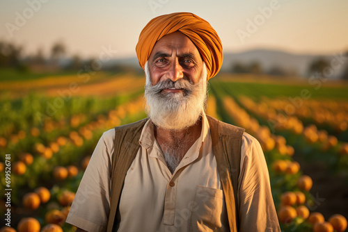 senior Indian farmer standing at agriculture field photo