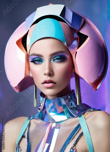 A beautiful blonde female pop artist all pastel sleek futuristic outfit, with huge headpiece center piece