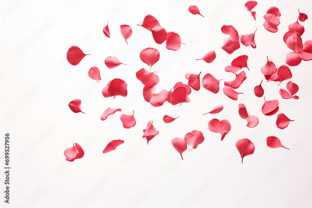 Rose petals falling on a white background in a minimal style.