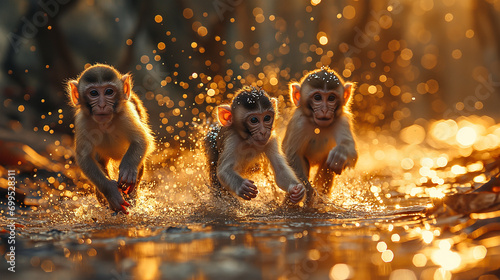 Monkey family running out from the wild, blured background with gold light, fantacy concept for year of monkey, photo