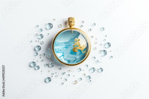 A globe in a gold frame surrounded by water drops