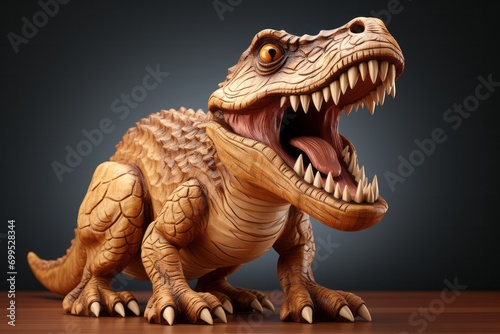 Wooden T-Rex Dinosaur Toy, on an isolated Jurassic Brown background, Generative AI © Box Milk