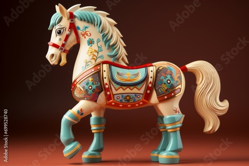 Colorful Wooden Horse Toy, on an isolated Carousel Red background, Generative AI