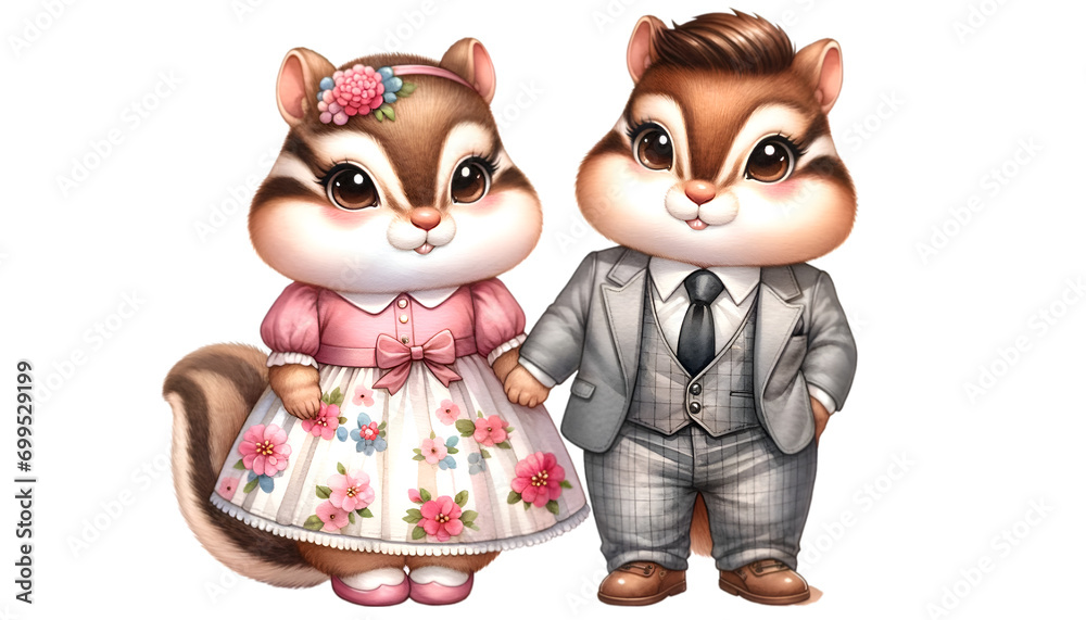 Watercolor illustration of a cute chubby Chipmunk couple character in cute outfits, celebrating Valentine's Day and radiating happiness and cheerfulness.
