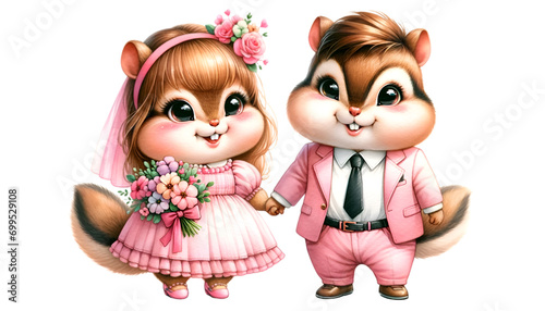 Watercolor illustration of a cute chubby Chipmunk couple character in cute pink outfits  celebrating Valentine s Day and radiating happiness and cheerfulness.