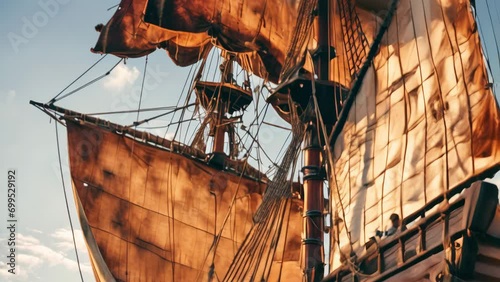 Medieval pirate ship galley close-up scene on the sails photo