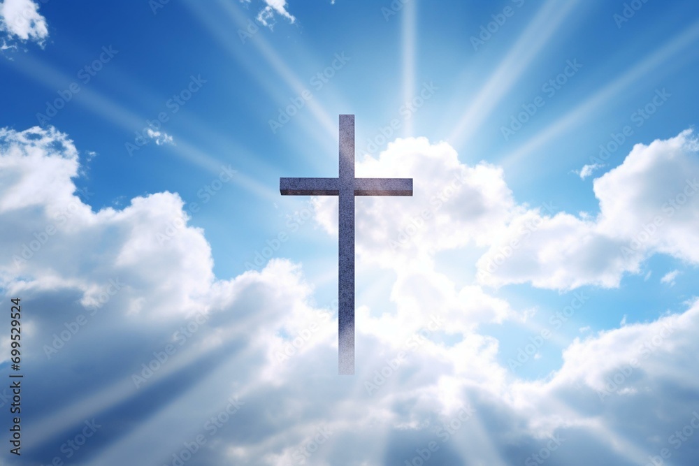 Symbolic Christian cross in the sky. Generative AI