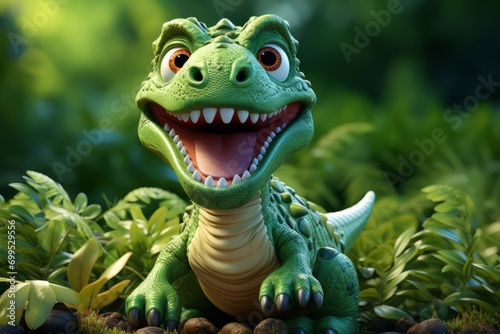 Playful Toy Dinosaur, on an isolated Jurassic Green background, Generative AI © Box Milk
