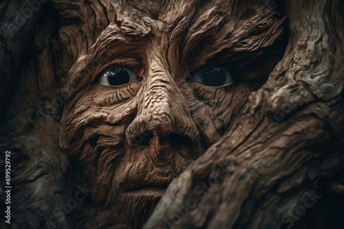 Abstract surreal depiction of tree trunk with a human face. Generative AI