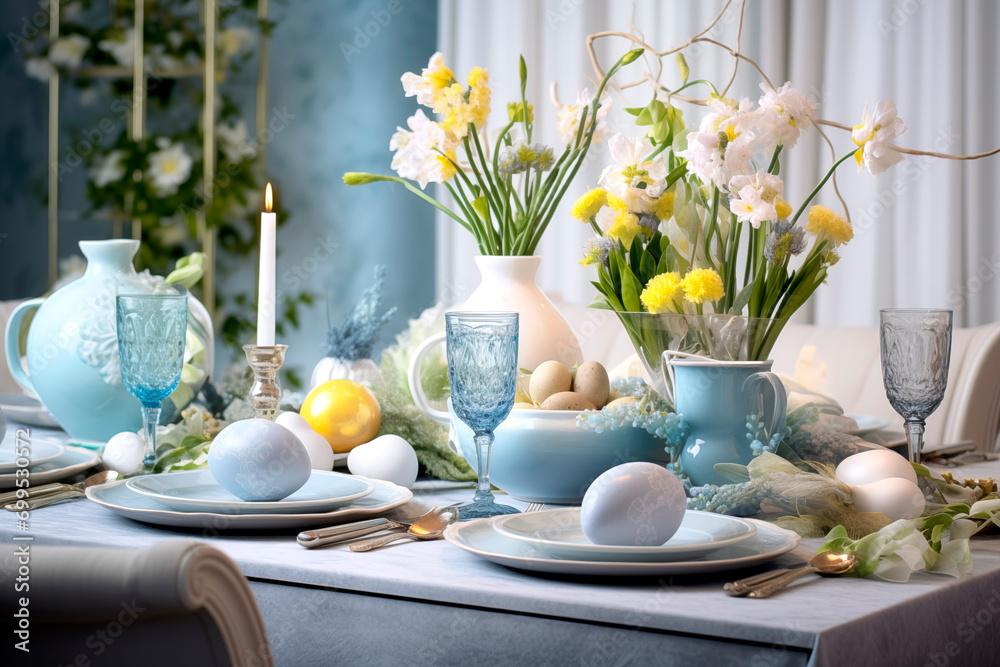 Easter table setting with yellow tulips, eggs and crockery. Happy Easter concept with eggs and spring flowers.