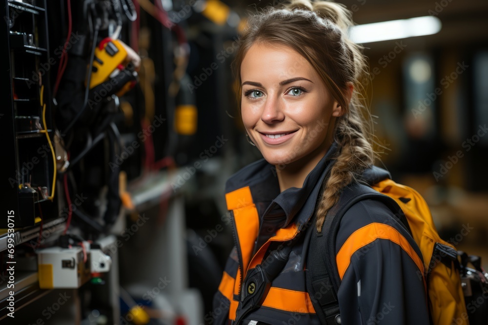 Confident electrician woman proudly standing next to a completed and well-organized electric switchboard system, Generative AI 