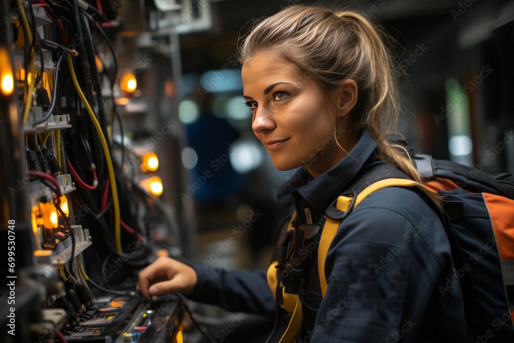 Confident electrician woman proudly standing next to a completed and well-organized electric switchboard system, Generative AI